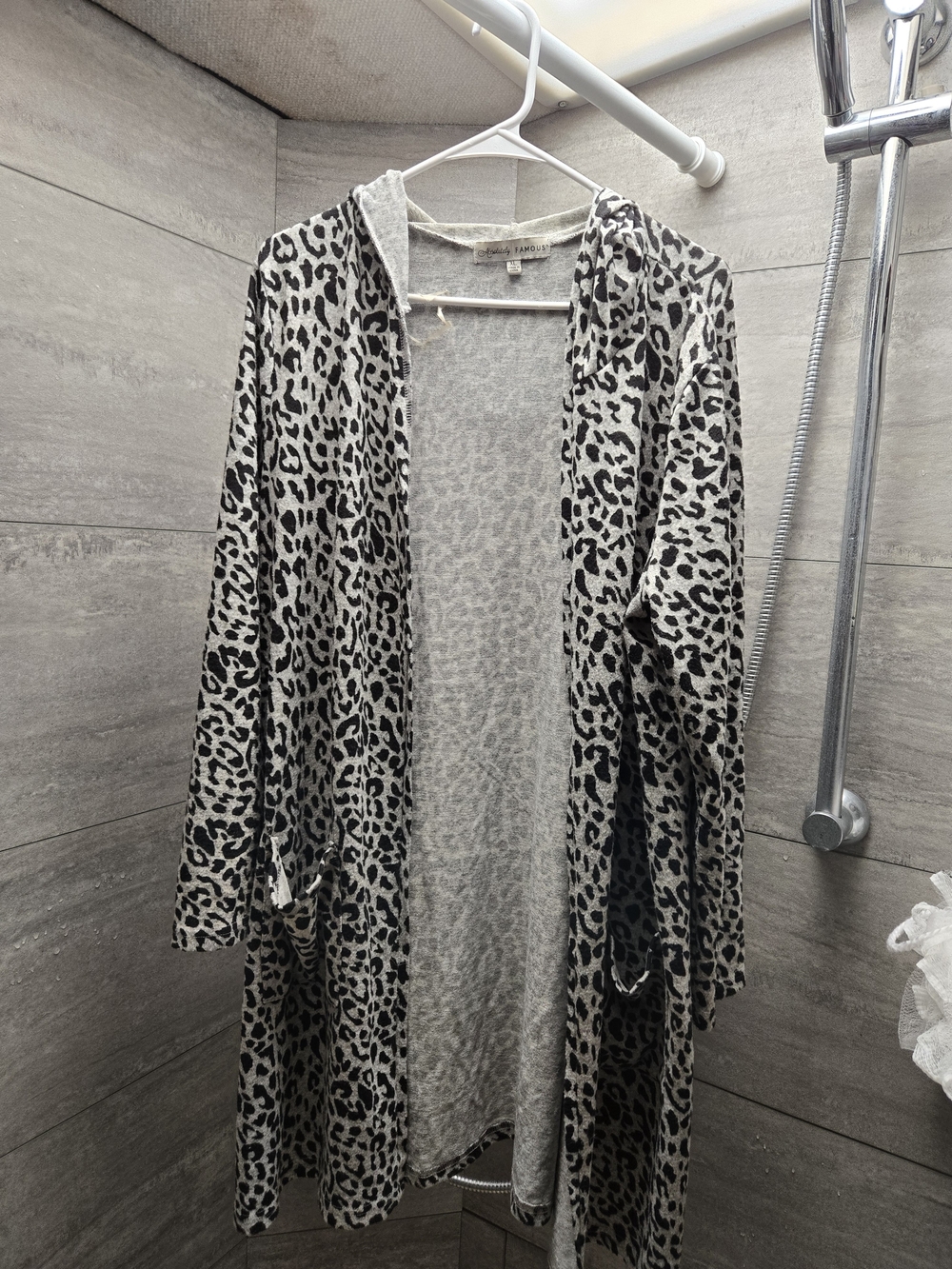 Absolutely Famous Gray and Black Leopard Hooded Open Cardigan